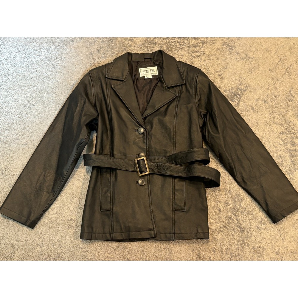 Oscar Piel Leather Jacket Womens Size Medium Black Belted Full Front Buttons